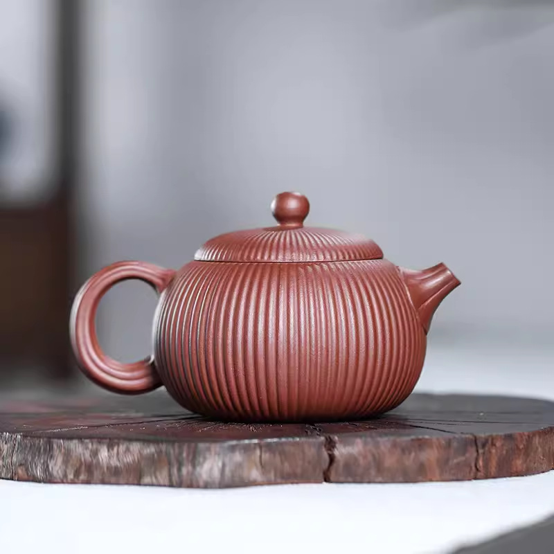 宜興原礦紫砂手工紫紅泥筋紋西施260毫升手工雙層蓋